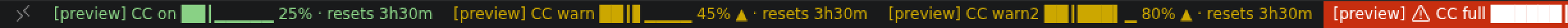 Four status bar entries: CC on 25 % green, CC warn 45 % yellow, CC warn2 80 % yellow, CC full red